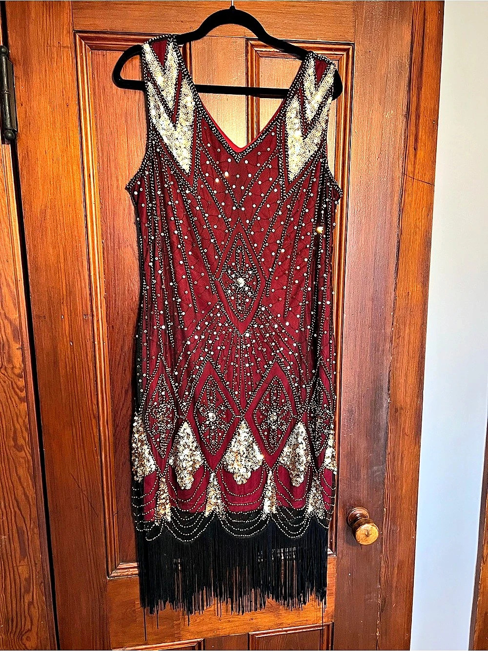 PrettyGuide XXL Burgundy Gold 1920s Flapper Dress Sequin Fringe Gatsby